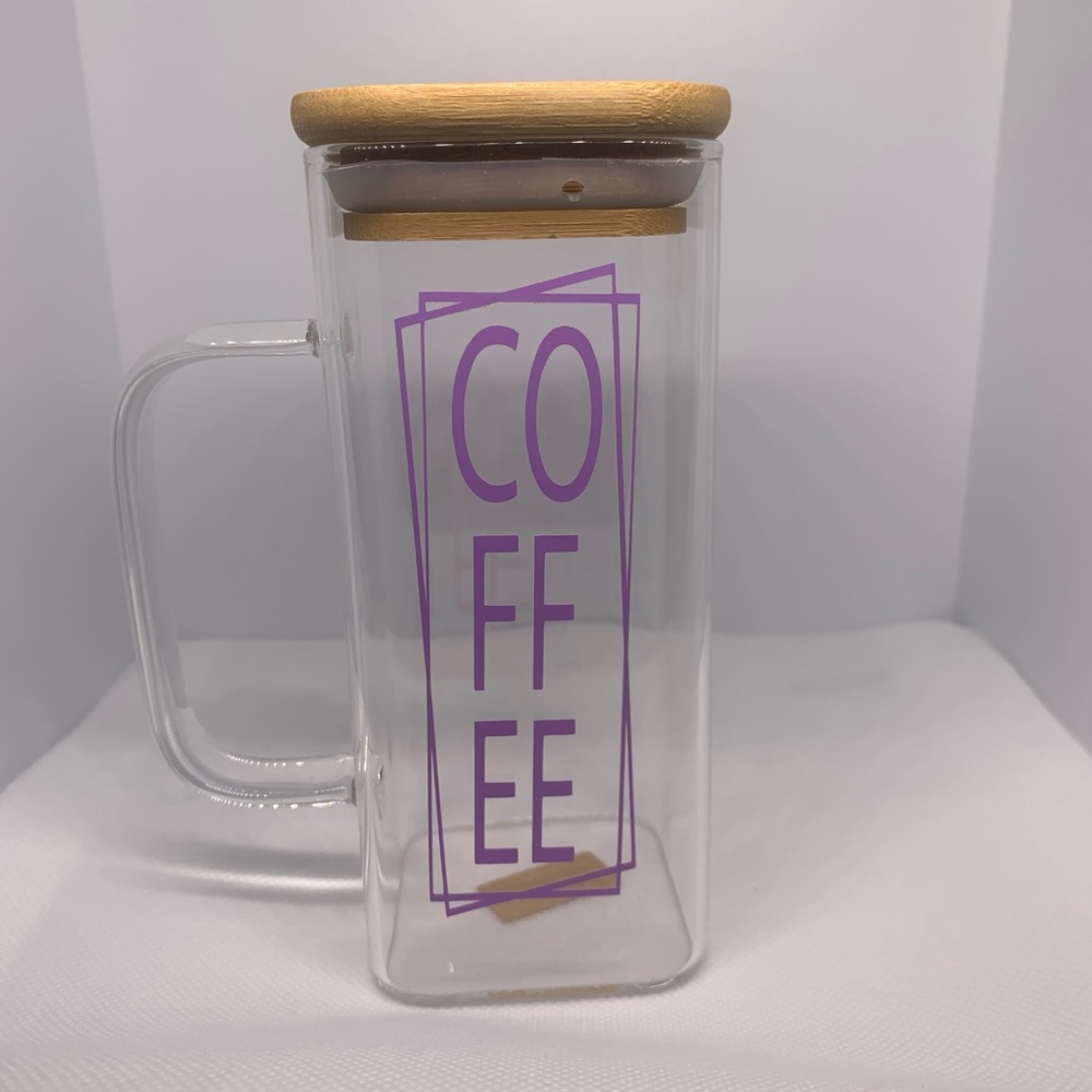 Square cup with handle, bamboo lid, and straw